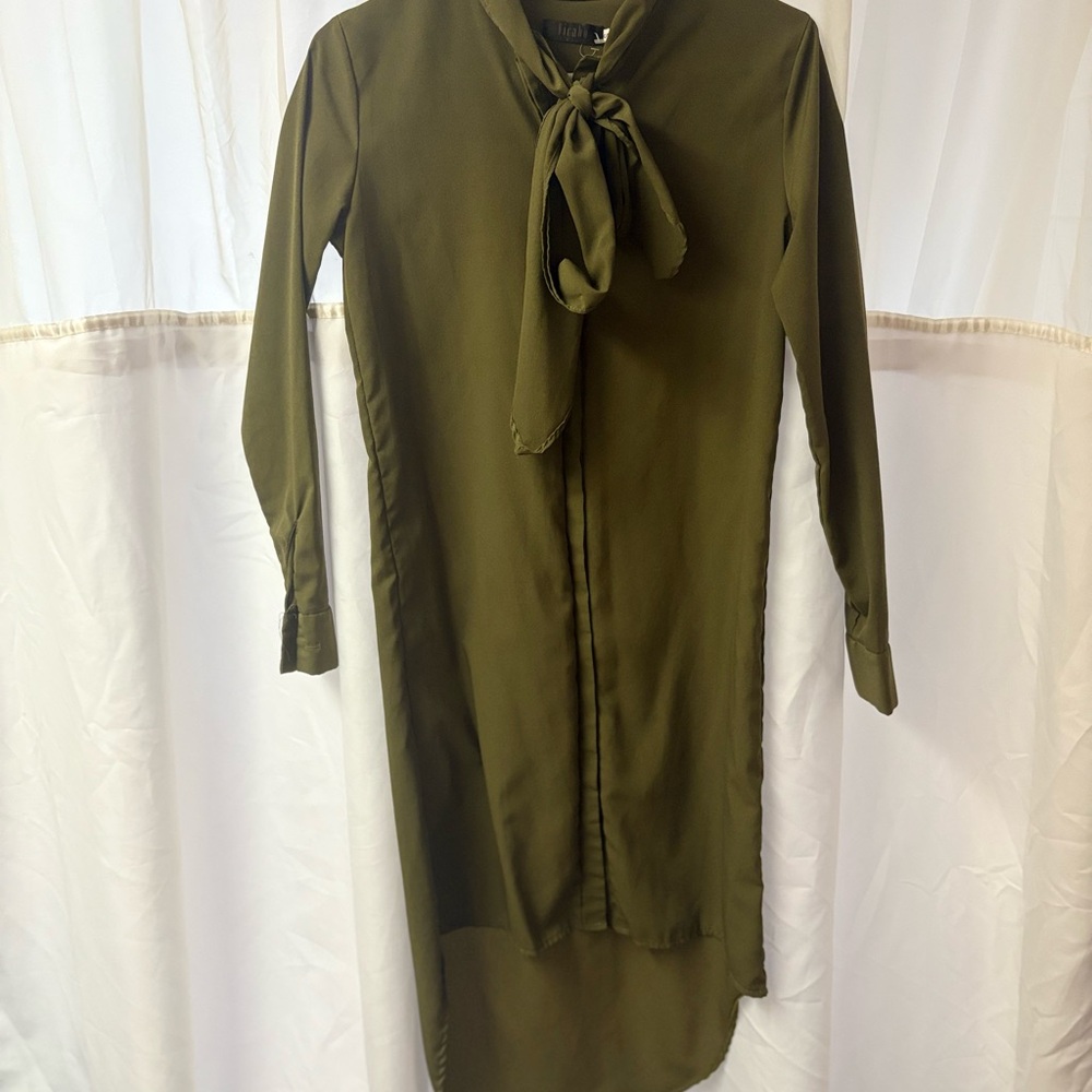 Olive Long Sleeve Tie-Neck Dress